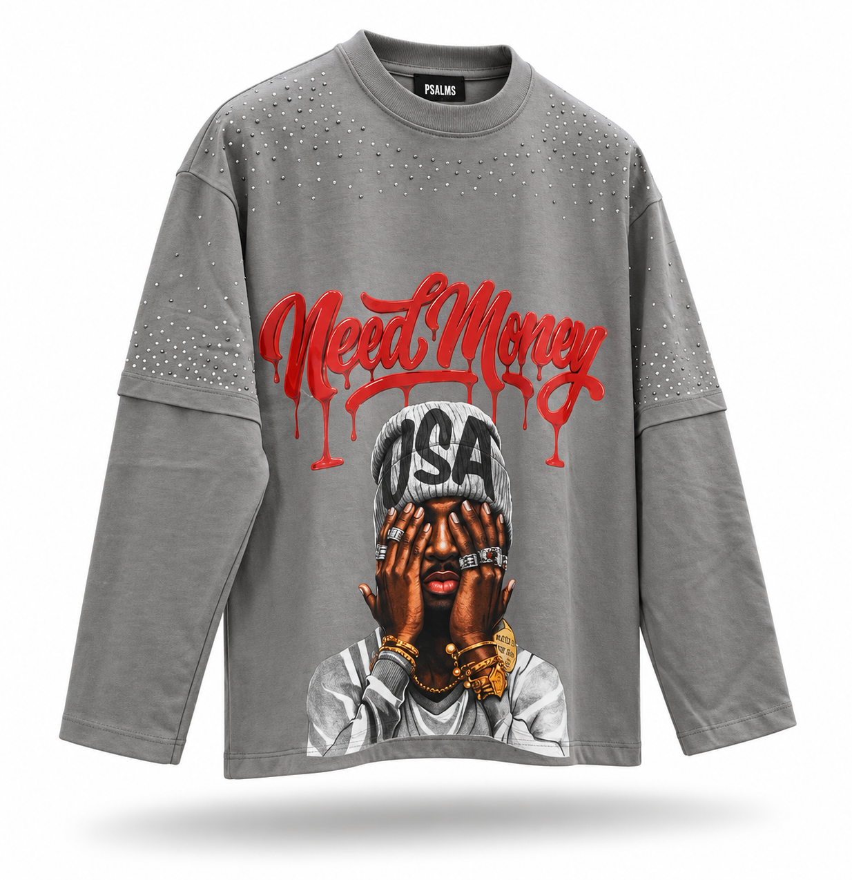 Grey Need Money Rhinestone Longsleeve