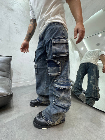 JEANS CARGO MANY SANDBLASTED