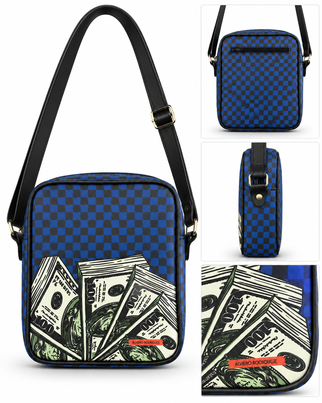 Alviero Rodriguez Blue Money Checkered Crossbody Bag