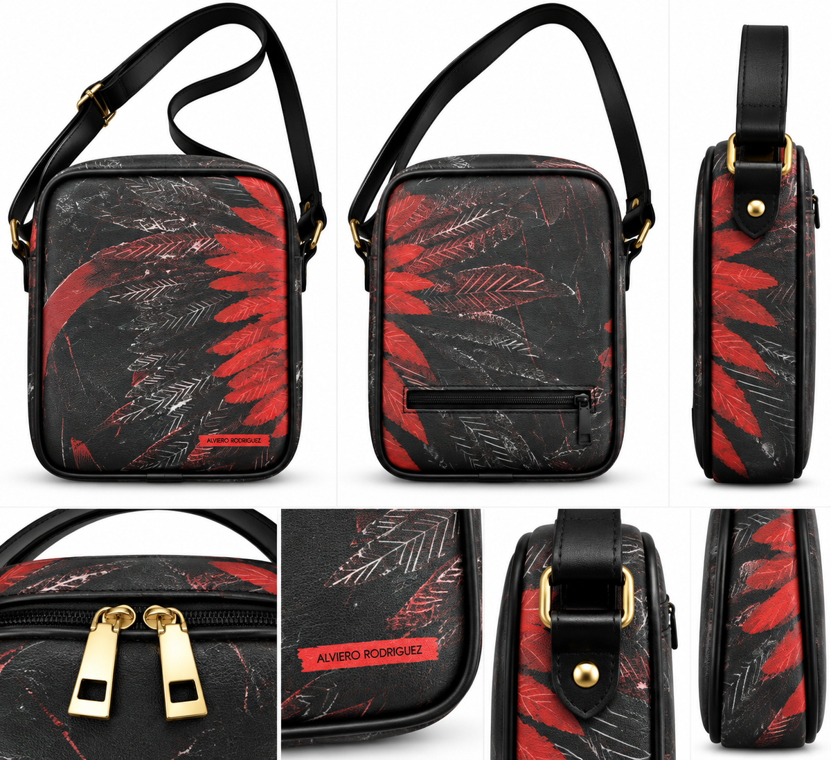Alviero Rodriguez Red Feather Black Crossbody Bag