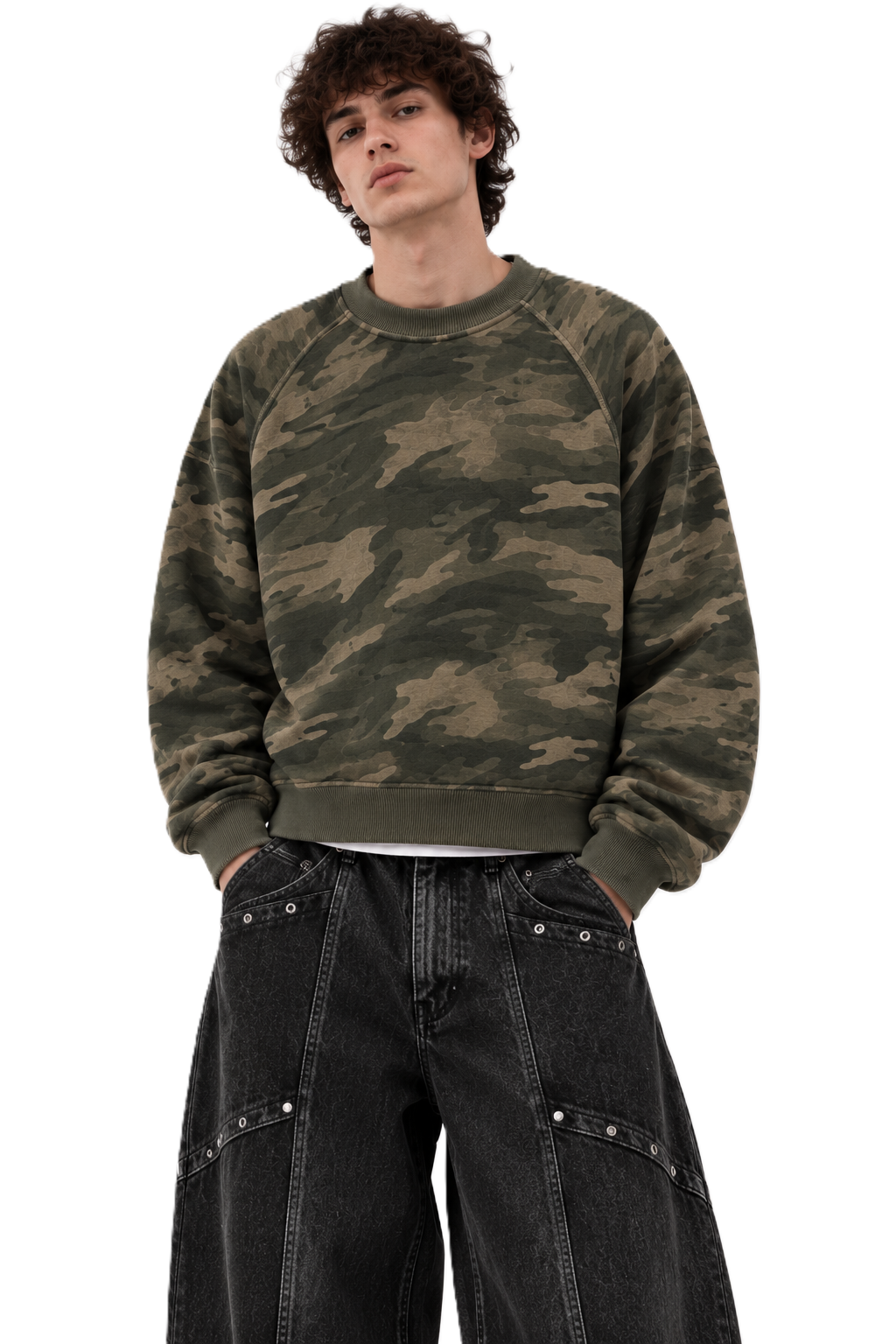 Green Waffle Camo Crop Crewneck