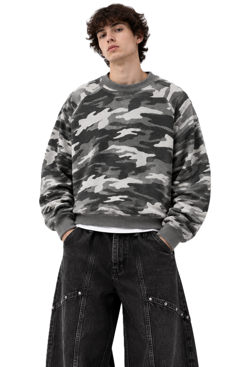 White Waffle Camo Crop Crewneck