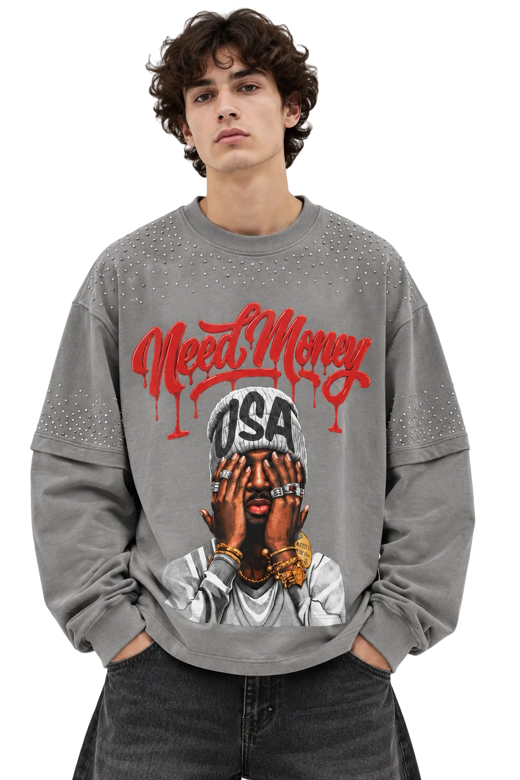 Grey Need Money Rhinestone Longsleeve