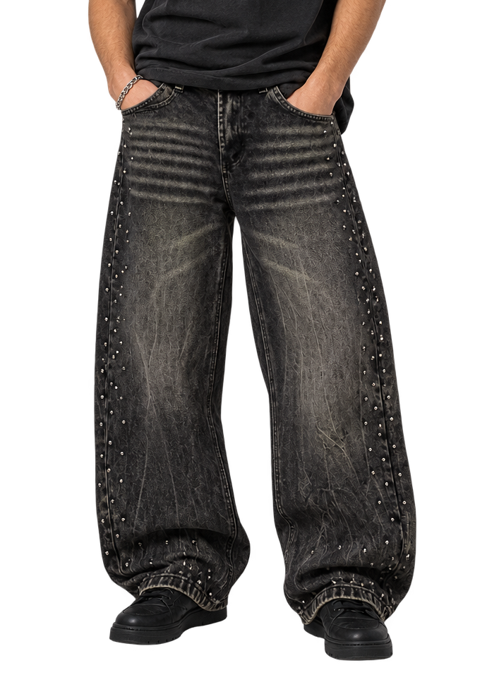 Washed Black Studded Baggy Jeans
