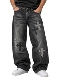 Washed Black Rhinestone Cross Baggy Jeans