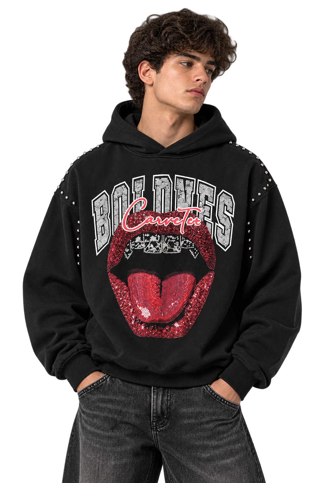 Black Embellished Lips Boxy Sweatshirt