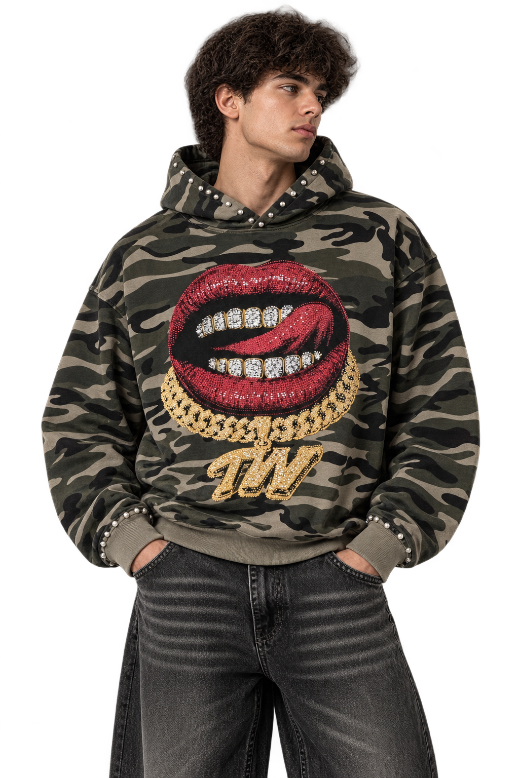 Military Green Boxy Hoodie with Pearls & Rhinestones