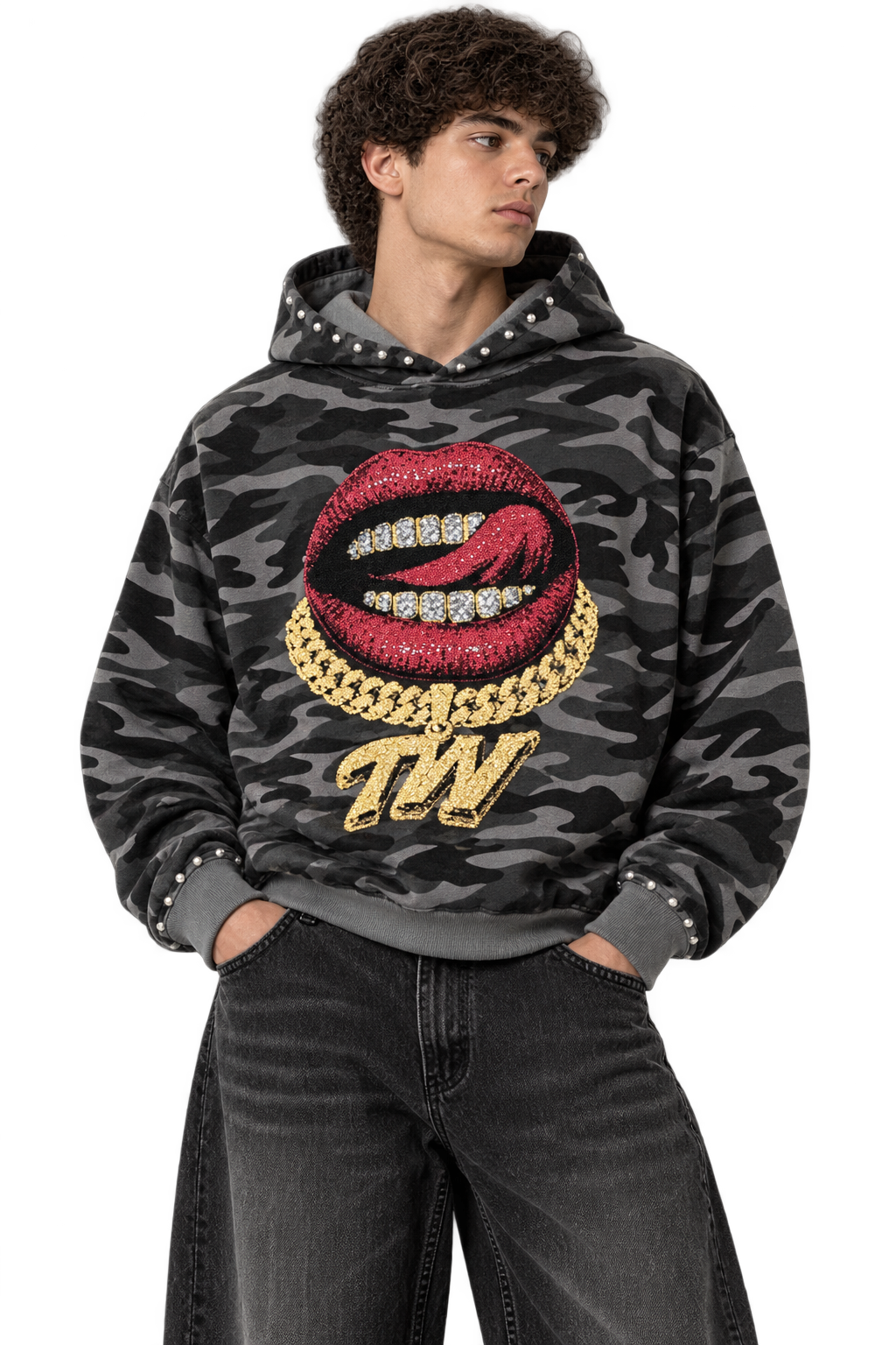 Military Grey Boxy Hoodie with Pearls & Rhinestones