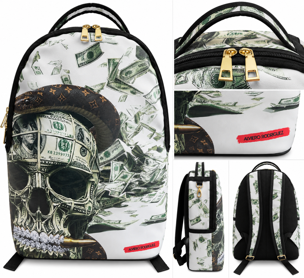 Alviero Rodriguez Money Skull White Backpack