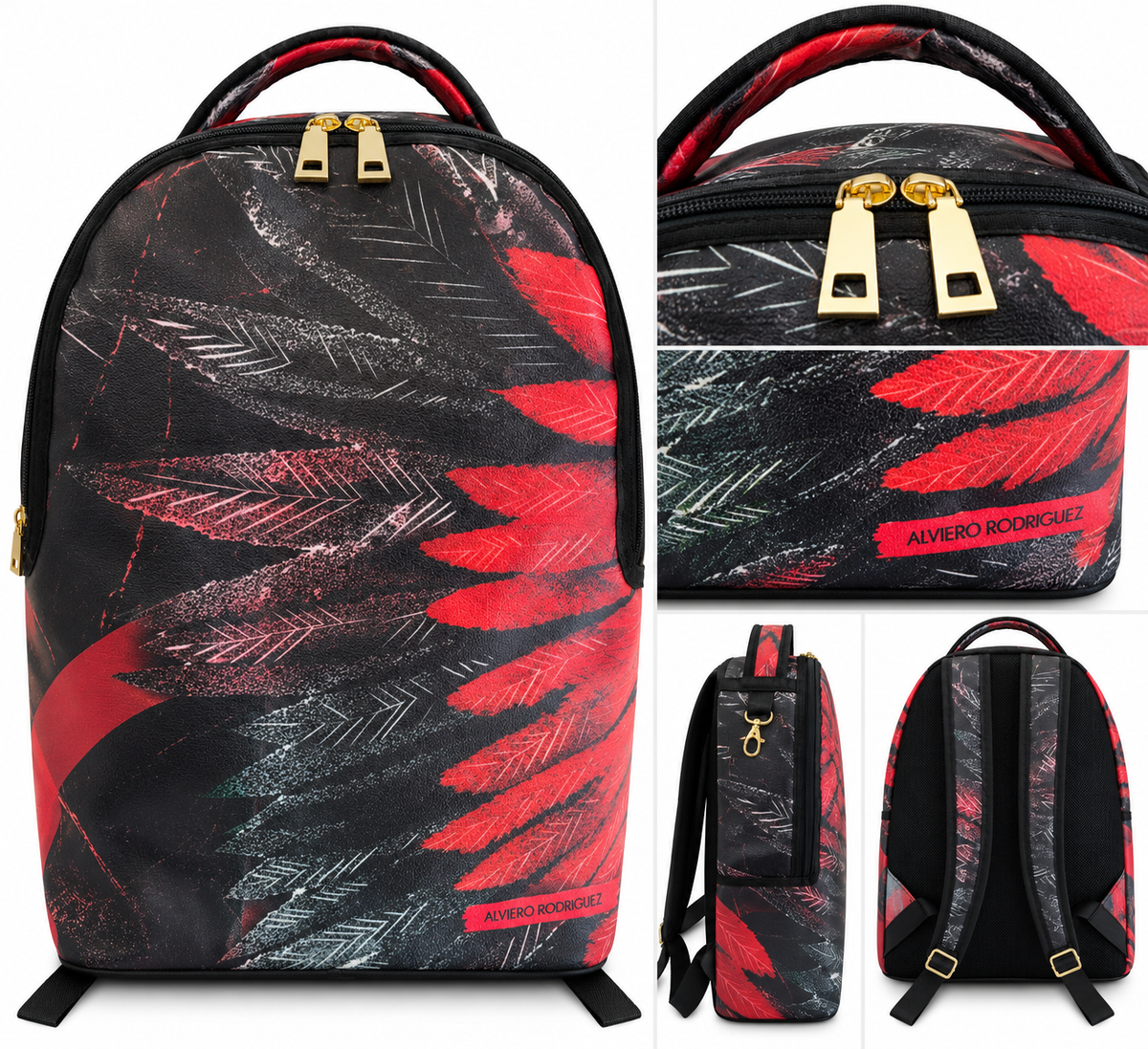 Alviero Rodriguez Red Feather Black Backpack