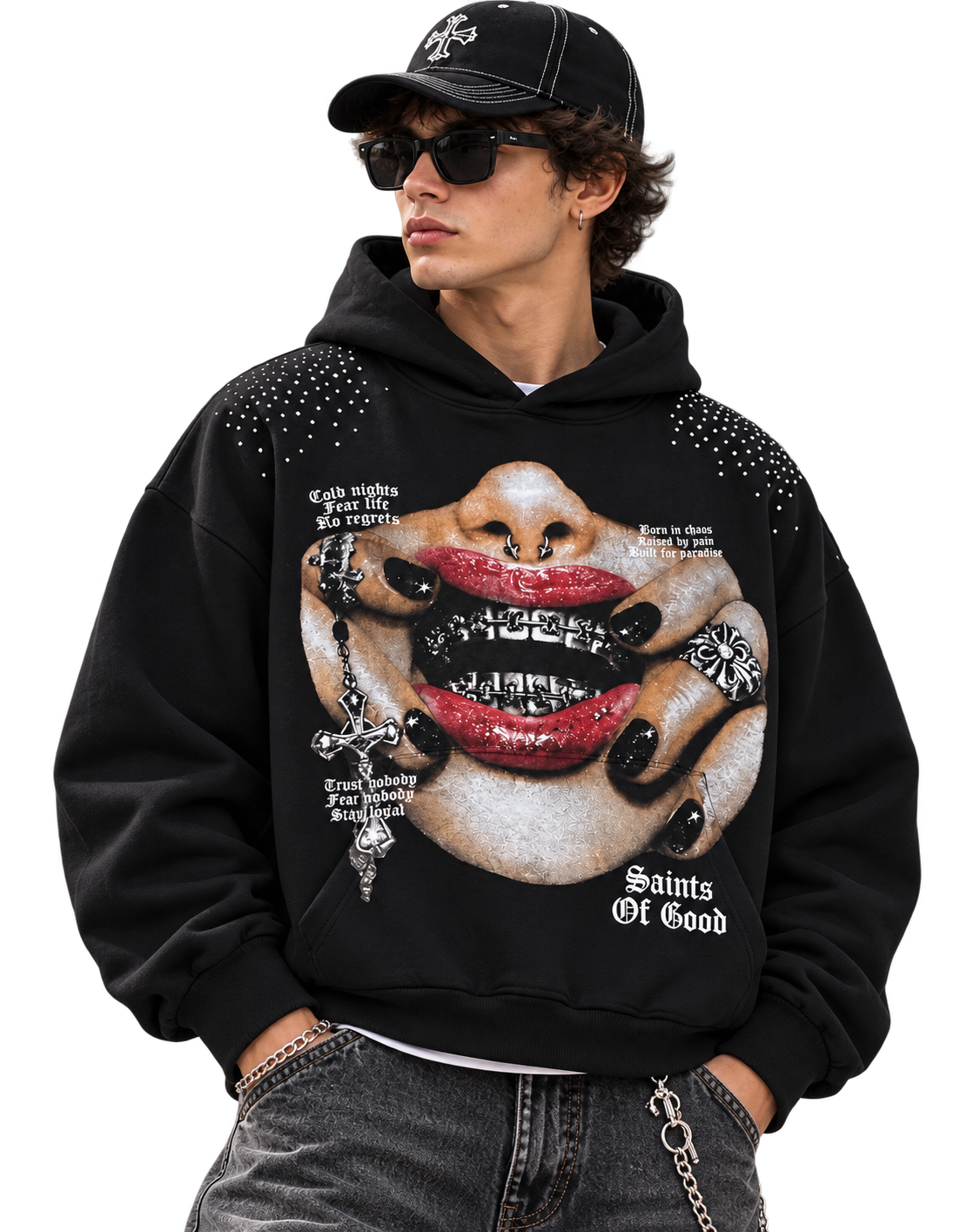 Rhinestone Mouth Black Hoodie