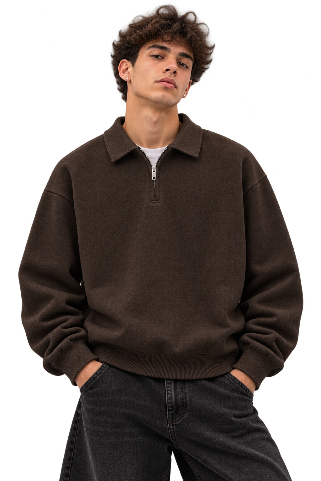 ESSENTIAL HALF ZIP SWEATSHIRT BROWN