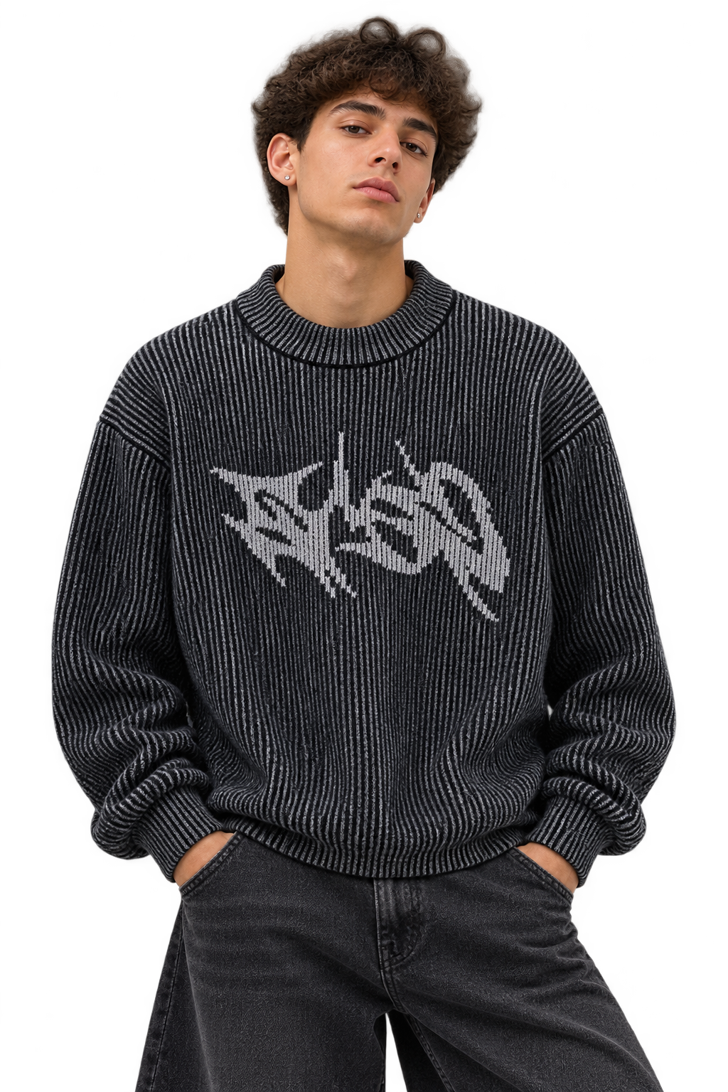 DISTRESSED LOGO KNIT SWEATER BLACK